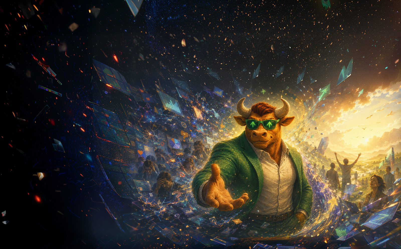 Bull leading people through a storm of information